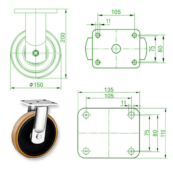 Dark Slate Gray 150mm Extra Heavy Duty Swivel, Fixed & Braked Castor With Polyurethane / Cast Iron Wheel