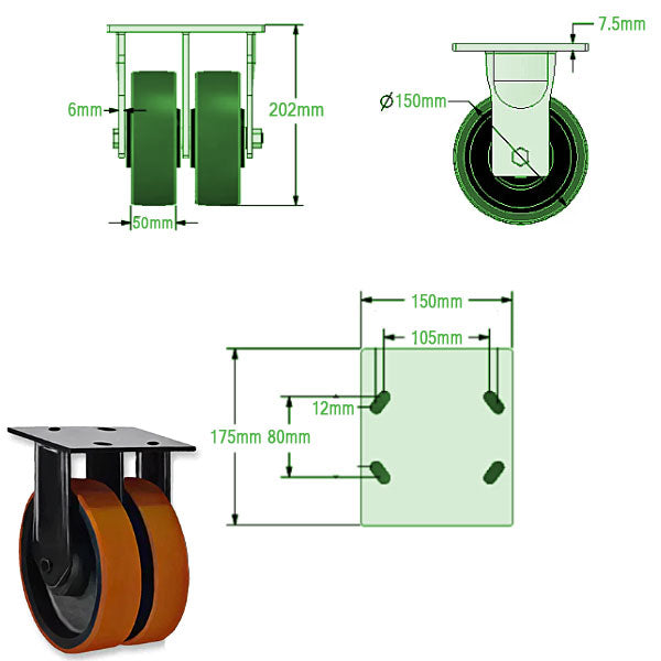 Dark Slate Gray 150mm Extra Heavy Duty Twin Polyurethane/Cast Iron Wheel Castor 1500kg Load Capacity