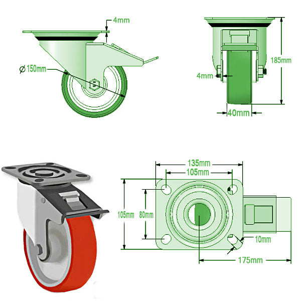 Light Gray 150mm Swivel, Fixed & Braked Castors with Polyurethane Tyred Wheel & Roller Bearing 350Kg Load Capacity