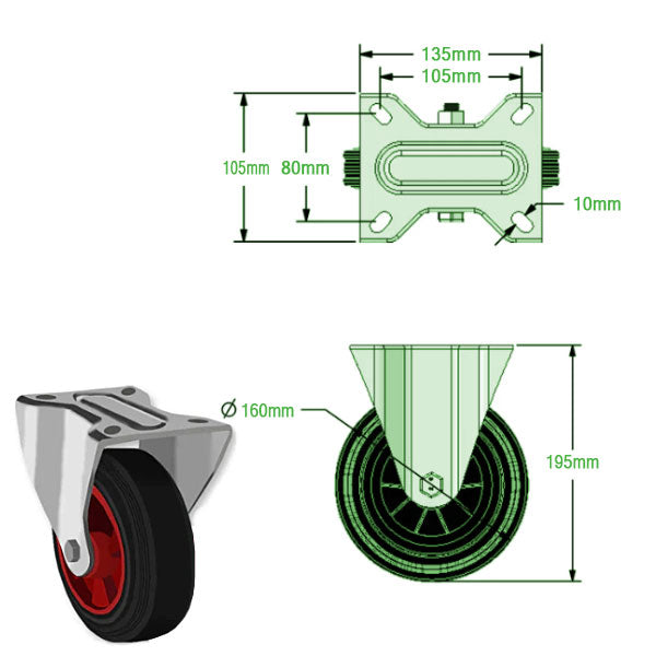 Black 160mm Swivel, Fixed & Braked Castors with Black Rubber Tyred Wheel 175kg Load Capacity