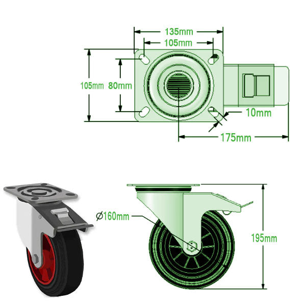 Black 160mm Swivel, Fixed & Braked Castors with Black Rubber Tyred Wheel 175kg Load Capacity