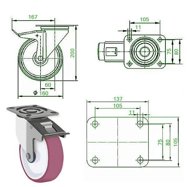 Dark Slate Gray 160mm Stainless Steel Swivel, Fixed & Braked Castor with Polyurethane Wheel 350kg Load Capacity