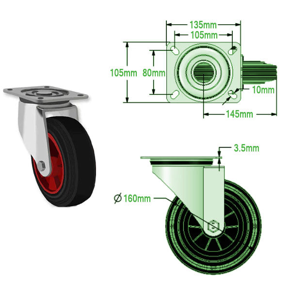 Beige 160mm Swivel, Fixed & Braked Castors with Black Rubber Tyred Wheel 175kg Load Capacity