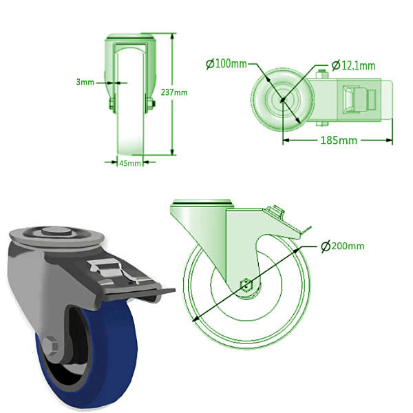 Light Gray 200mm Swivel & Braked Castors with Blue Elastic Rubber Tyred Wheel Nylon Centre & Roller Bearing