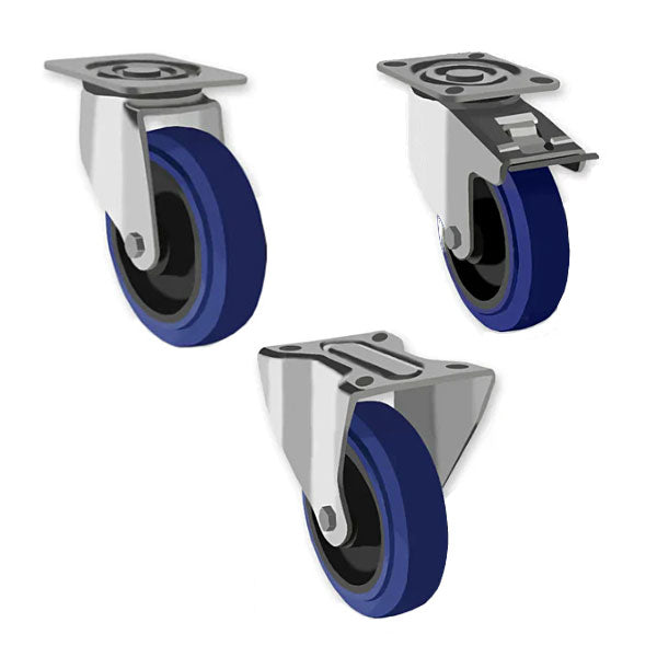 Light Gray 200mm Swivel, Fixed & Braked Castors with Blue Elastic Rubber Tyred Wheel Total Stop Brake