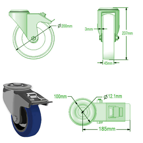 Light Gray 200mm Swivel & Braked Castors with Blue Elastic Rubber Tyred Wheel Nylon Centre & Roller Bearing 350kg Load Capacity