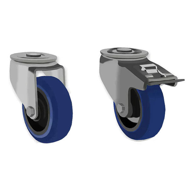 Dark Slate Gray 200mm Swivel & Braked Castors with Blue Elastic Rubber Tyred Wheel Nylon Centre & Roller Bearing