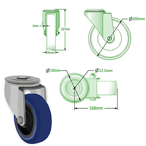 Light Gray 200mm Swivel & Braked Castors with Blue Elastic Rubber Tyred Wheel Nylon Centre & Roller Bearing