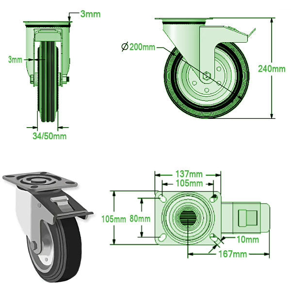 Dark Slate Gray 200mm Swivel, Fixed & Braked Castors with Black Rubber Tyred Wheel Steel Center 205kg Load Capacity