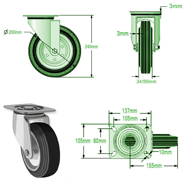 Light Gray 200mm Swivel, Fixed & Braked Castors with Black Rubber Tyred Wheel Steel Center 205kg Load Capacity