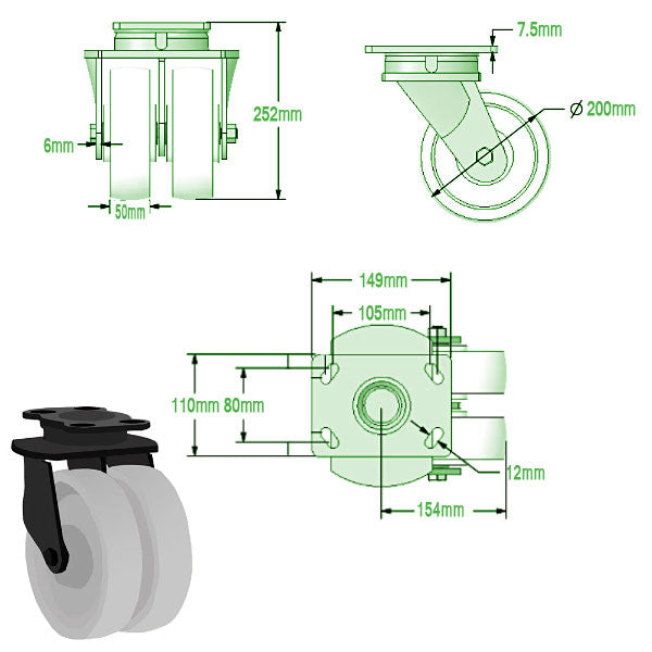 Light Gray 200mm Extra Heavy Duty Double Wheel Castors With Nylon Wheels 1500kg Load Capacity