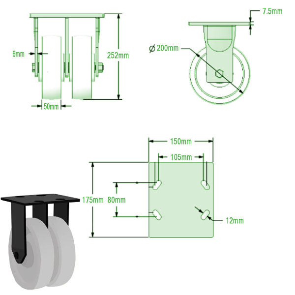 Light Gray 200mm Extra Heavy Duty Double Wheel Castors With Nylon Wheels 1500kg Load Capacity