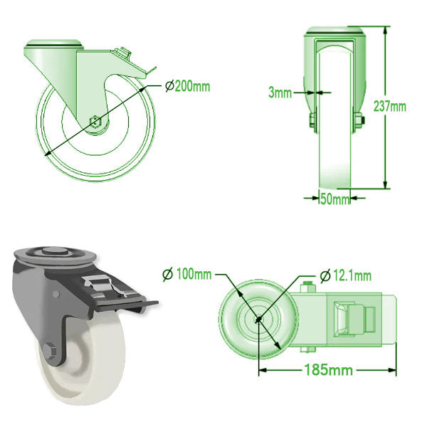 Light Gray 200mm Swivel, Braked Castors with White Nylon Wheel with Roller Bearing 350kg Load Capacity