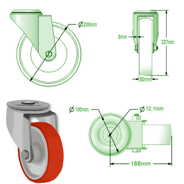 Light Gray 200mm Swivel & Braked Castors with PolyurethaneTyred Wheel Nylon Centre & Roller Bearing, Single Bolt Fixing 350Kg Load Capacity