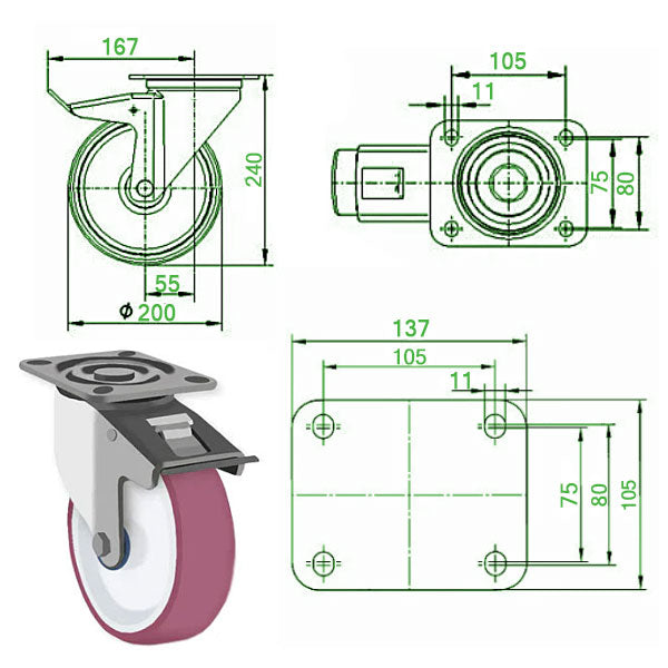 Dark Slate Gray 200mm Stainless Steel Swivel, Fixed Braked Castor with Polyurethane Wheel 400kg Load Capacity