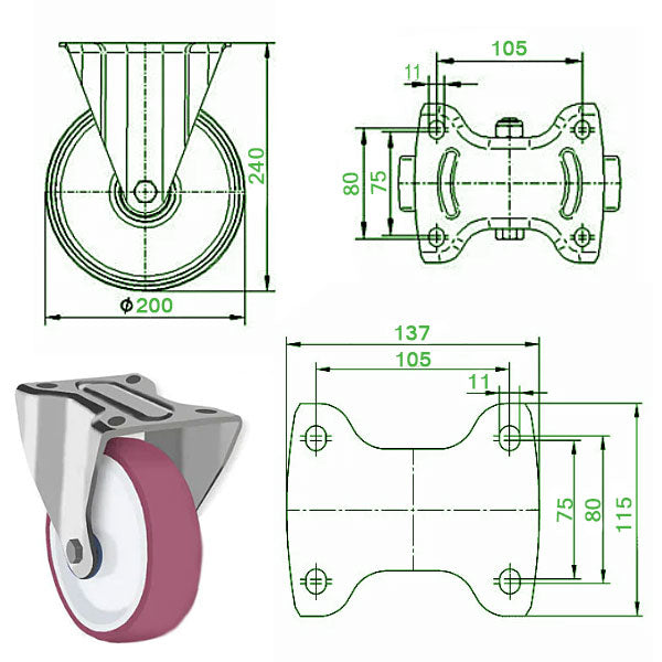 Dark Slate Gray 200mm Stainless Steel Swivel, Fixed Braked Castor with Polyurethane Wheel 400kg Load Capacity