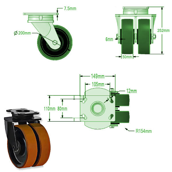 Dark Slate Gray 200mm Extra Heavy Duty Twin Polyurethane / Cast Iron Wheel Castors 1500Kg Load Capacity