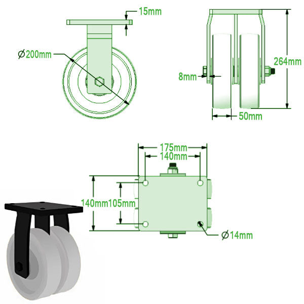 Light Gray 200mm Ultra Heavy Duty Double Nylon Wheels Castor 2000KG