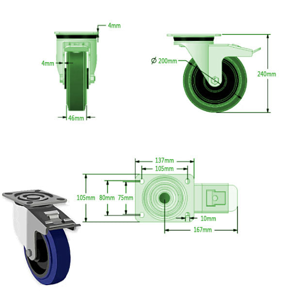 Dark Slate Gray 200mm Swivel, Fixed & Braked Castors with Blue Elastic Rubber Tyred Wheel Total Stop Brake