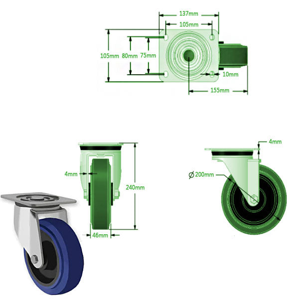 Dark Slate Gray 200mm Swivel, Fixed & Braked Castors with Blue Elastic Rubber Tyred Wheel Total Stop Brake