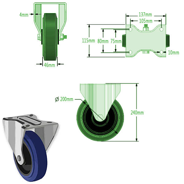 Dark Slate Gray 200mm Swivel, Fixed & Braked Castors with Blue Elastic Rubber Tyred Wheel Total Stop Brake