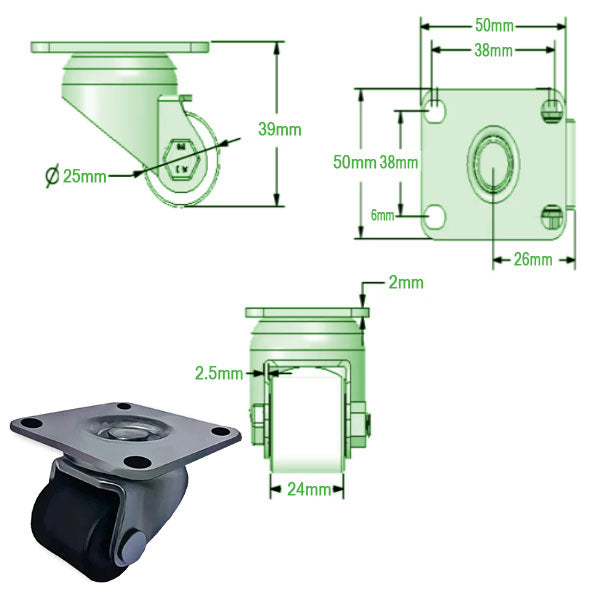 Light Gray 25mm Heavy Duty Swivel Plate Fit Castors Solid Nylon Wheel 60kg Load Capacity