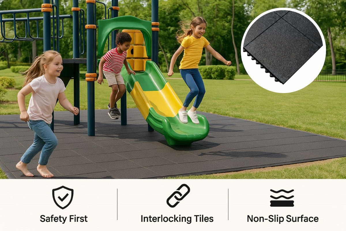Dim Gray Heavy-Duty Interlocking Rubber Playground Mats – Black, 36" x 36" x 16mm – Non-Slip, Shock-Absorbing, Safety Flooring