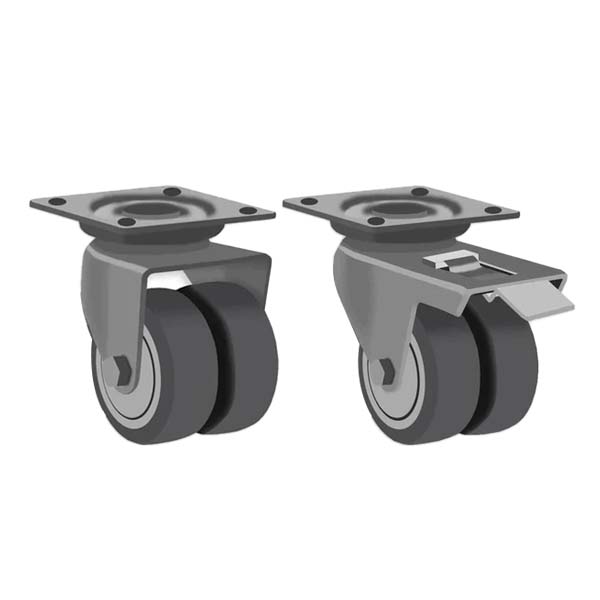 Dim Gray 75mm Apparatus Castor Swivel & Total Stop Brake, 4 Bolt Fitting & Twin Grey Non Marking Wheel With Single Bolt Fitting