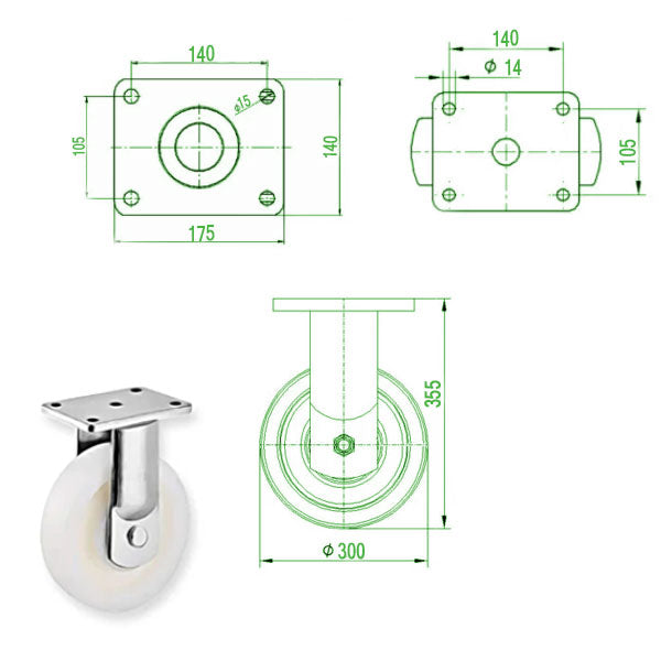 Beige 300mm Ultra Heavy Duty Swivel, Fixed & Total Stop Braked Castor With 4 Bolt Fixing Plate 3000KG Load Capacity