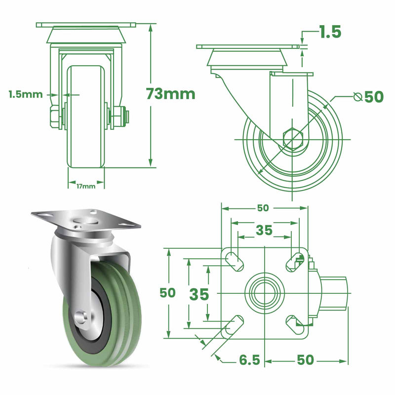 Sea Green 50mm Light Duty Swivel & Brake Castor With Grey Rubber Wheel Non-Marking Economy Plate Fitting 40kg Load Capacity