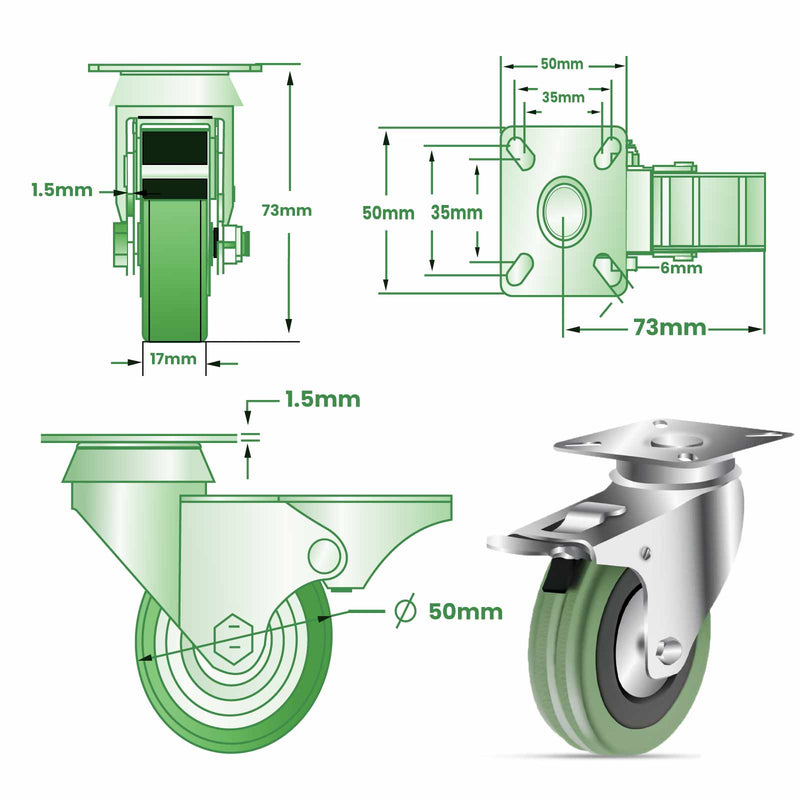 Light Gray 50mm Light Duty Swivel & Brake Castor With Grey Rubber Wheel Non-Marking Economy Plate Fitting 40kg Load Capacity