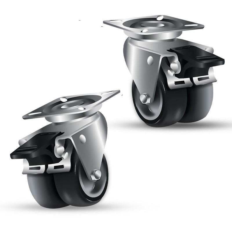 Dark Slate Gray 50mm Swivel & Total Stop Brake Castor, 4 Bolt Fitting & Twin Grey Non Marking Wheel 60kg Load Capacity