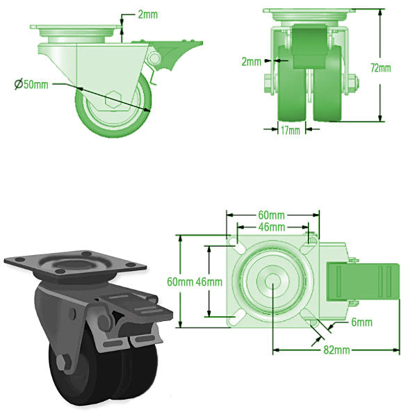 Light Gray 50mm Swivel & Braked Apparatus Castor with 4 Bolt Fitting & Twin Black Nylon Wheel 70kg Load Capacity