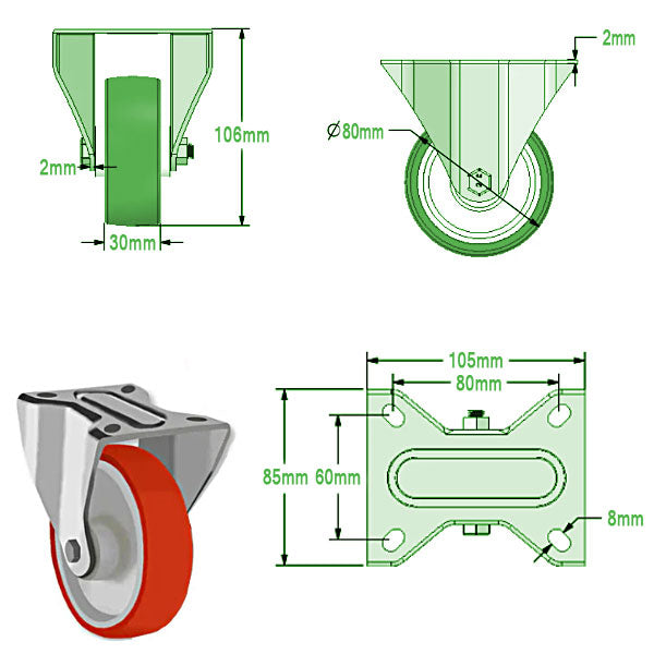 Light Gray 80mm Medium Duty Swivel, Fixed & Braked Castors with Red Polyurethane Wheel 150kg Load Capacity