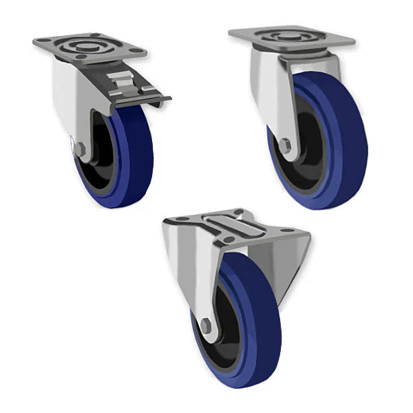 Dark Slate Gray 80mm Heavy Duty Swivel, Fixed & Total Stop Braked Castors Blue Rubber Wheel Roller Bearing