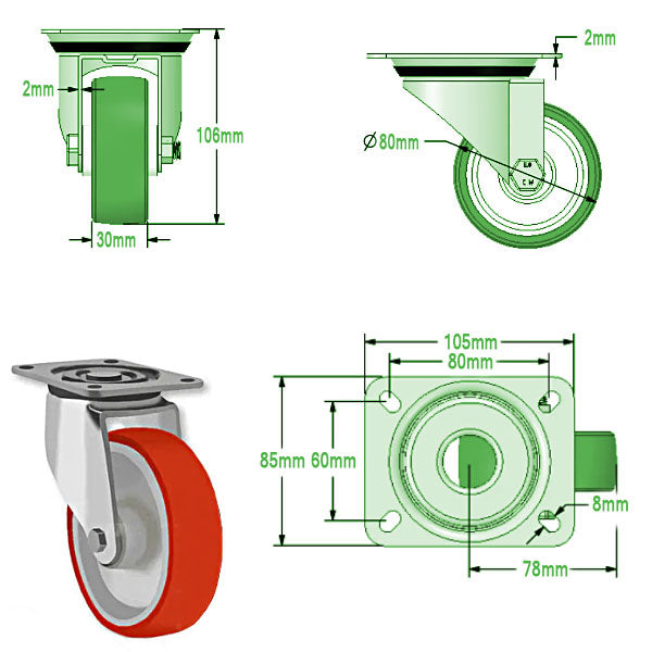 Light Gray 80mm Medium Duty Swivel, Fixed & Braked Castors with Red Polyurethane Wheel 150kg Load Capacity