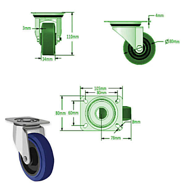 Light Gray 80mm Heavy Duty Swivel, Fixed & Total Stop Braked Castors Blue Rubber Wheel Roller Bearing
