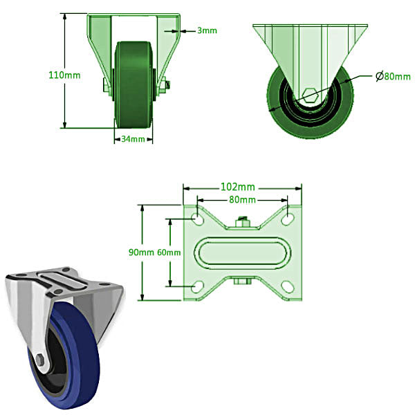 Dark Slate Gray 80mm Heavy Duty Swivel, Fixed & Total Stop Braked Castors Blue Rubber Wheel Roller Bearing