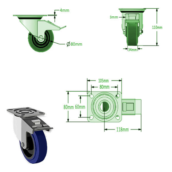 Dark Slate Gray 80mm Heavy Duty Swivel, Fixed & Total Stop Braked Castors Blue Rubber Wheel Roller Bearing