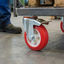 80mm Pressed Steel Swivel Castor Wheel with Directional Brake & Top Plate - Red Polyamide, 90kg Load