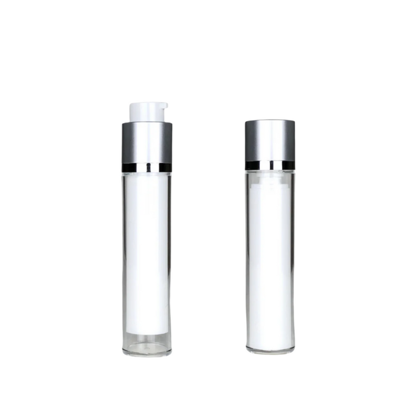 Light Gray Round Clear Airless Bottle with Silver Pump – Screw-On Design for Leak-Proof Dispensing