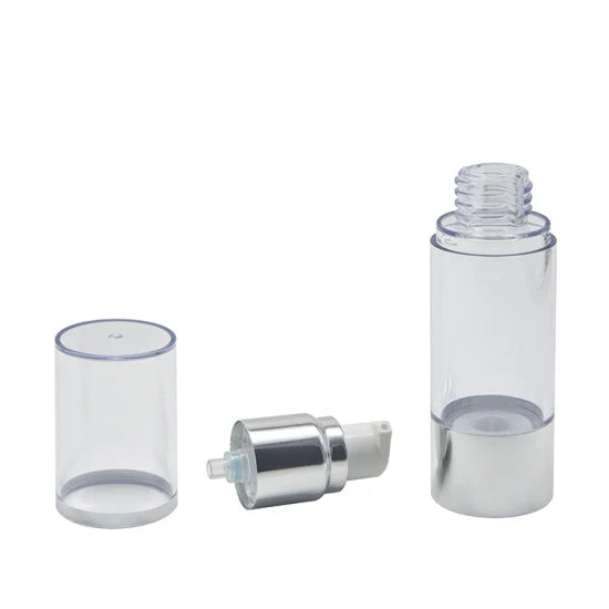 Light Gray Round Clear Airless Bottle with Silver Pump – Screw-On Design for Leak-Proof Dispensing