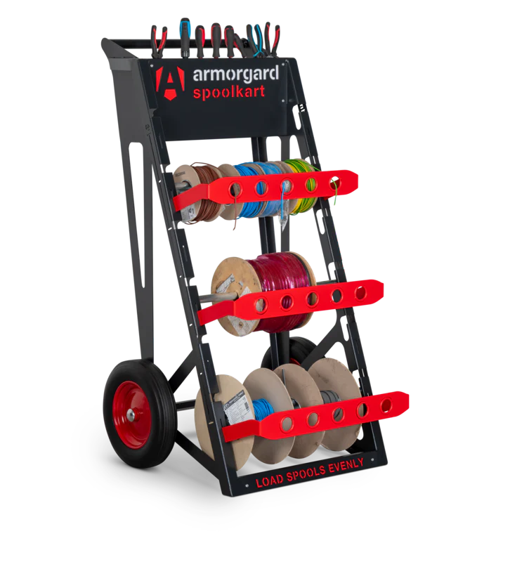 Dark Slate Gray Armorgard Spoolkart, Sturdy mobile kart for dispensing multiple cable spools 740x840x1365