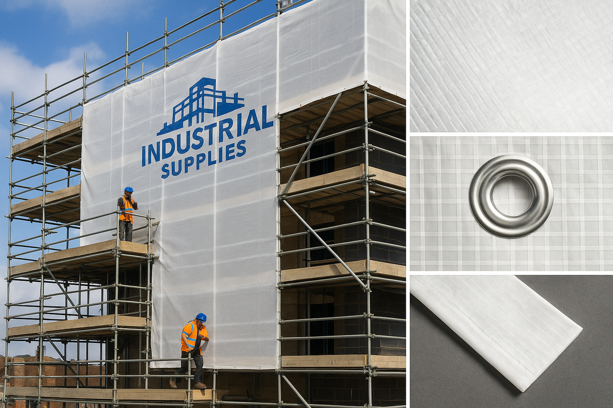 Gray Heavy-Duty Flame Retardant Scaffold Sheeting – 45 m Roll | Class B-s1-d0 Fire-Rated | Reinforced & UV-Stabilised Weather Protection for Construction Sites