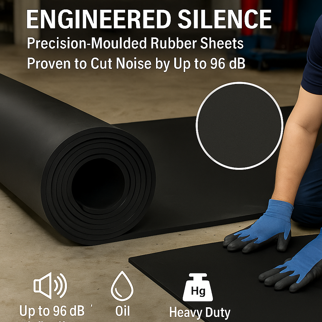 Black Acoustic Soundproofing Rubber Sheet – Noise Reduction for Floors, Walls & Machinery | Thickness 1.5–25mm | Tested Performance Up to 96dB