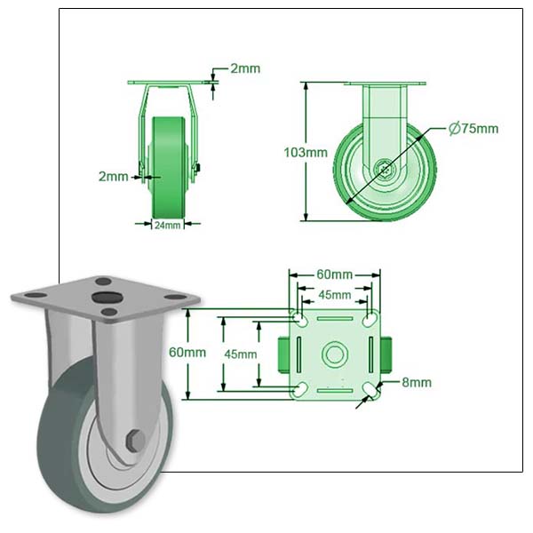 Light Gray 75mm Swivel, Fixed & Braked Apparatus Castor with 4 bolt Fitting Total Stop Brake & Grey Non Marking Wheel 50kg Load Capacity