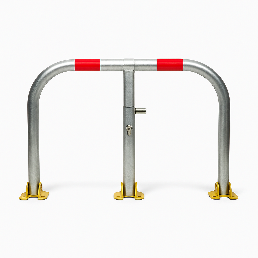 Fold-down galvanised hoop parking post with red reflective band and integral lock upright view. 