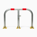 Fold-down galvanised hoop parking post with red reflective band and integral lock upright view. 