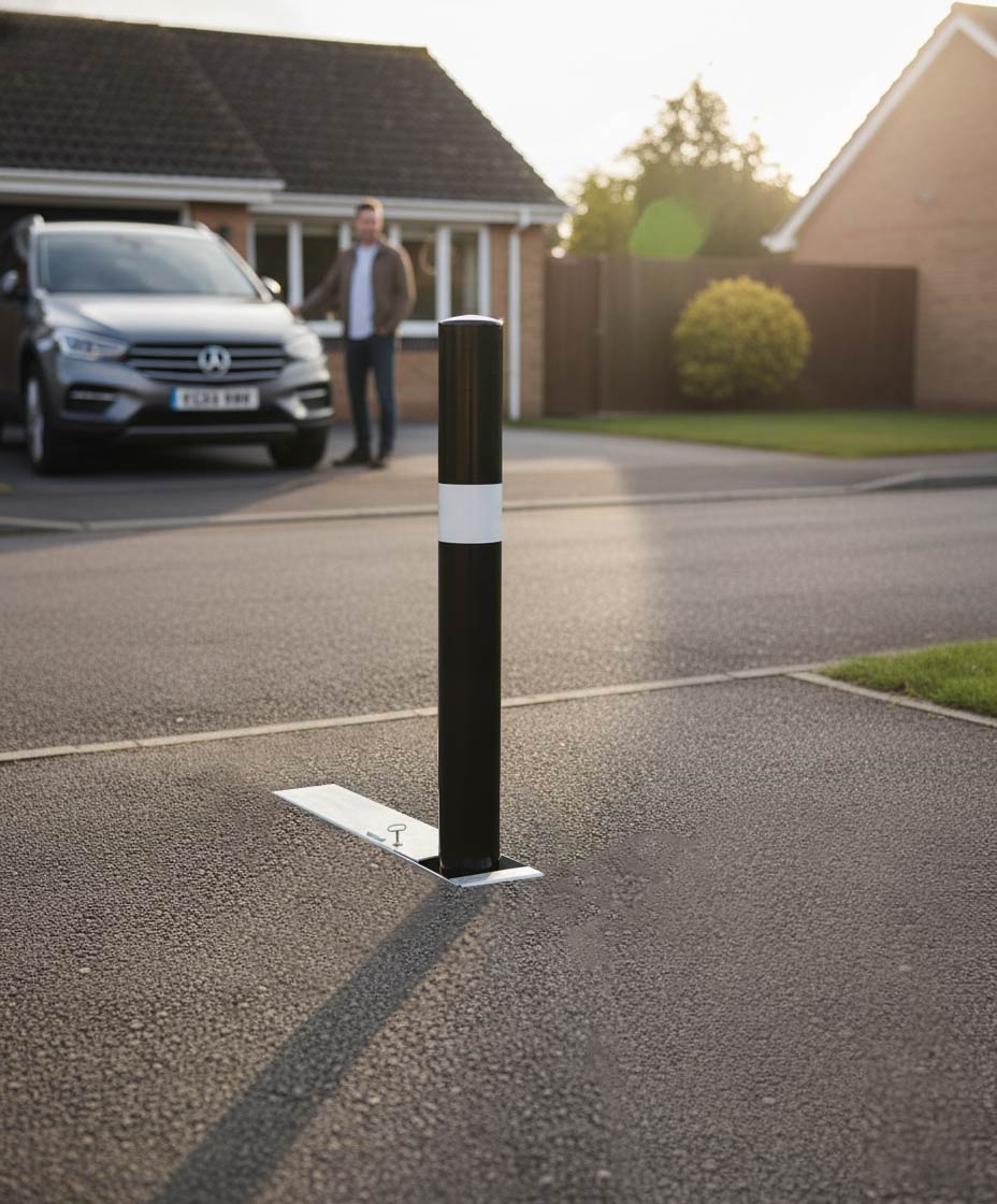 Dim Gray Fold Away (Coffin) Bollard Post – Black Powder-Coated Retractable Security Post with Reflective White Band | Flush-Fitting Lockable Driveway Bollard