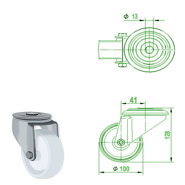 Lavender 100mm Stainless Steel Swivel & Braked Bolt Hole Castor with Nylon Wheel 200kg Load Capacity